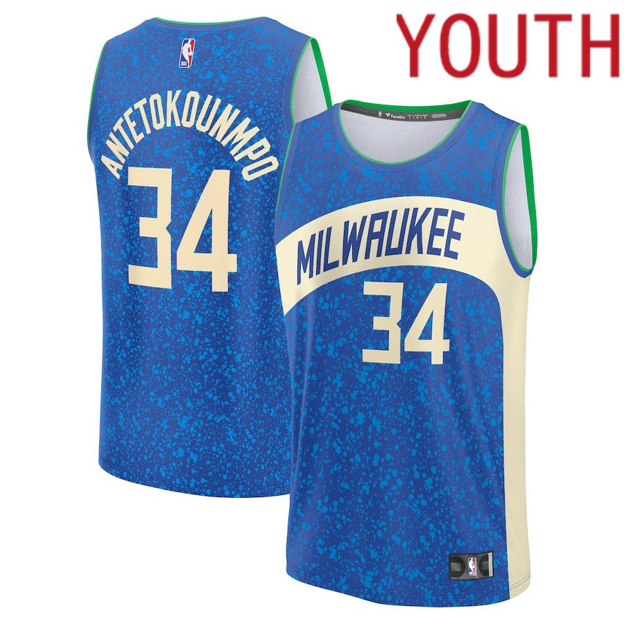 Youth Milwaukee Bucks #34 Giannis Antetokounmpo Fanatics Branded Royal City Edition 2023-24 Fast Break NBA Jersey->youth nba jersey->Youth Jersey